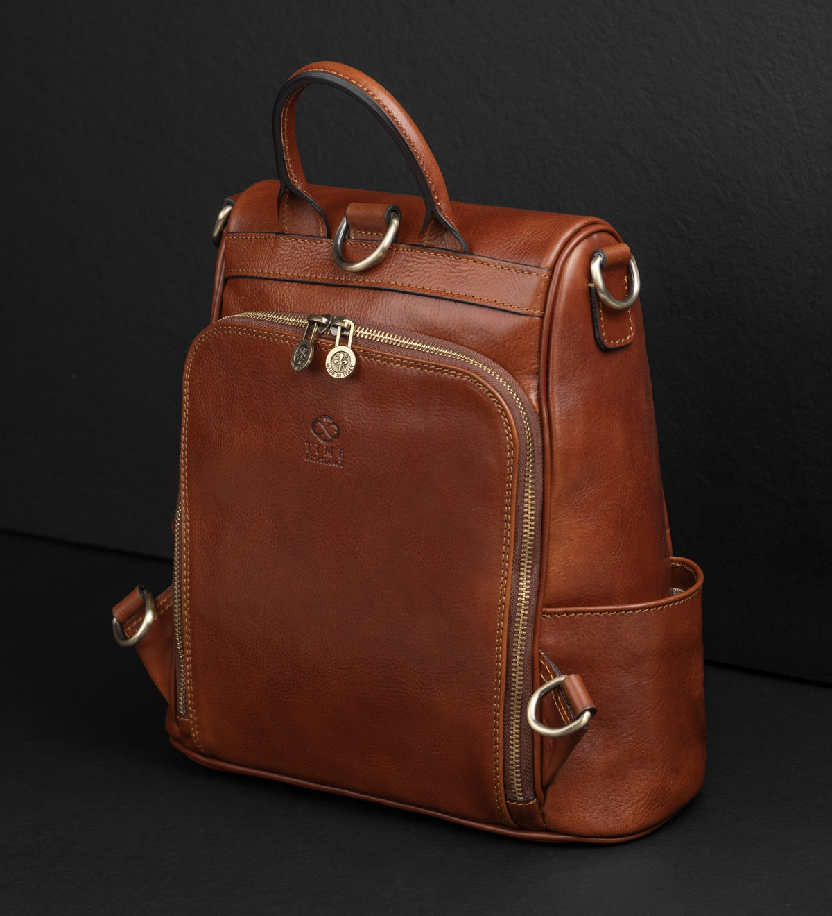 Bolso de hombro/mochila convertible de cuero marrón coñac para mujer: The Waves