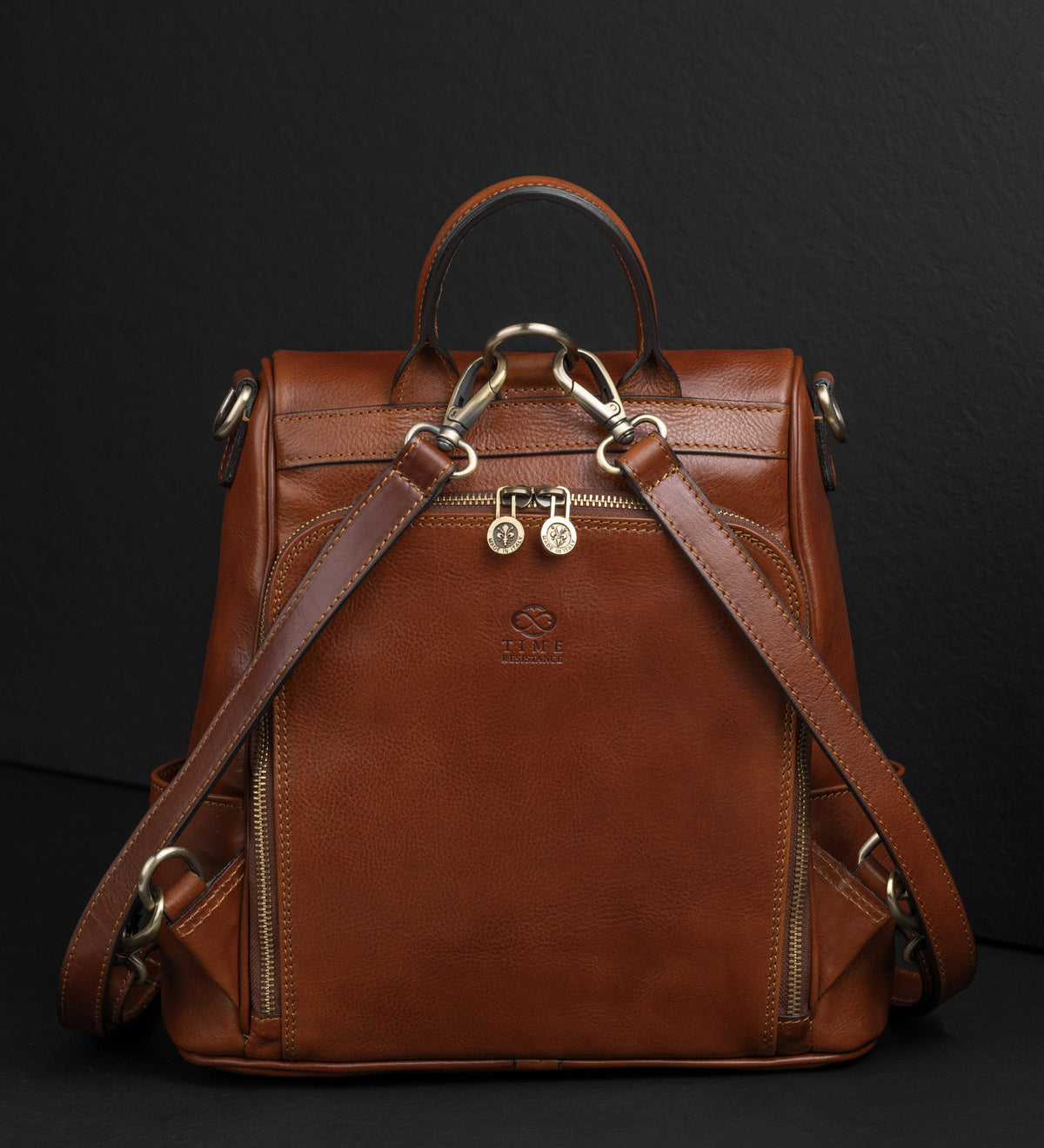 Bolso de hombro/mochila convertible de cuero marrón coñac para mujer: The Waves