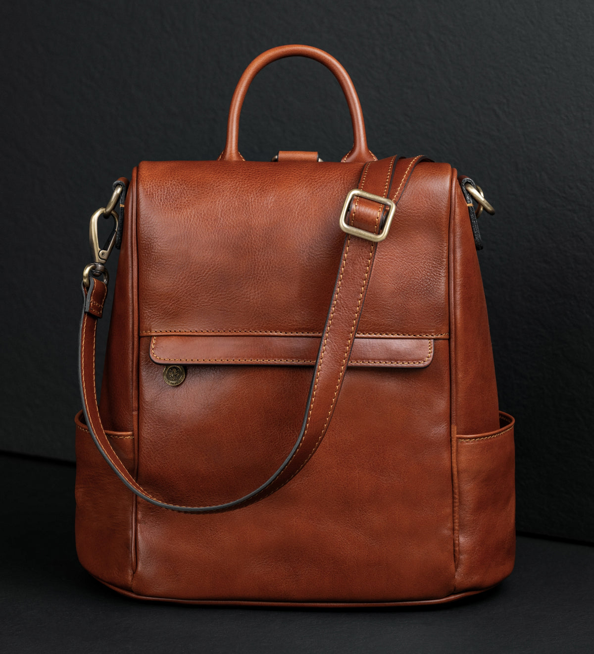 Bolso de hombro/mochila convertible de cuero marrón coñac para mujer: The Waves